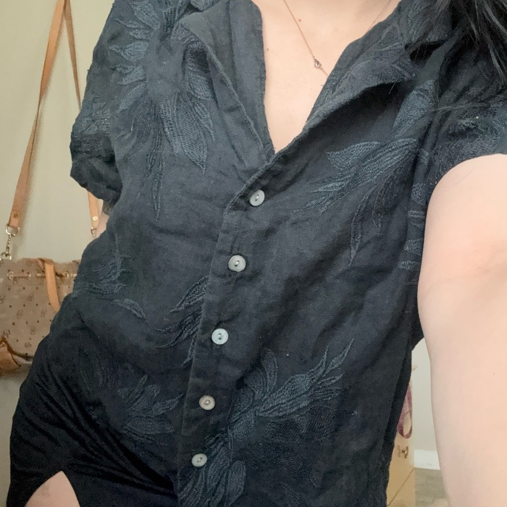 Black Button-Up Shirt with Leaf Pattern